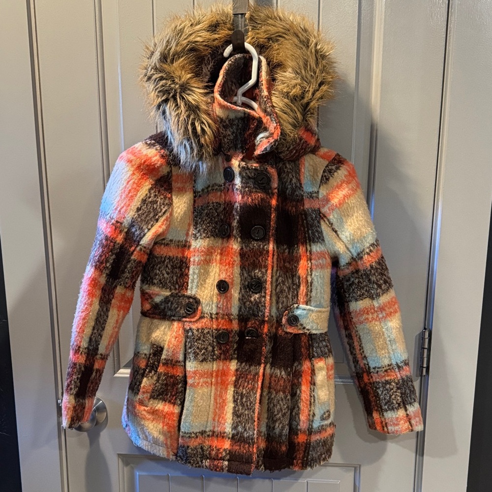 Urban Republic Multicolor Plaid Coat with Faux Fur Hood